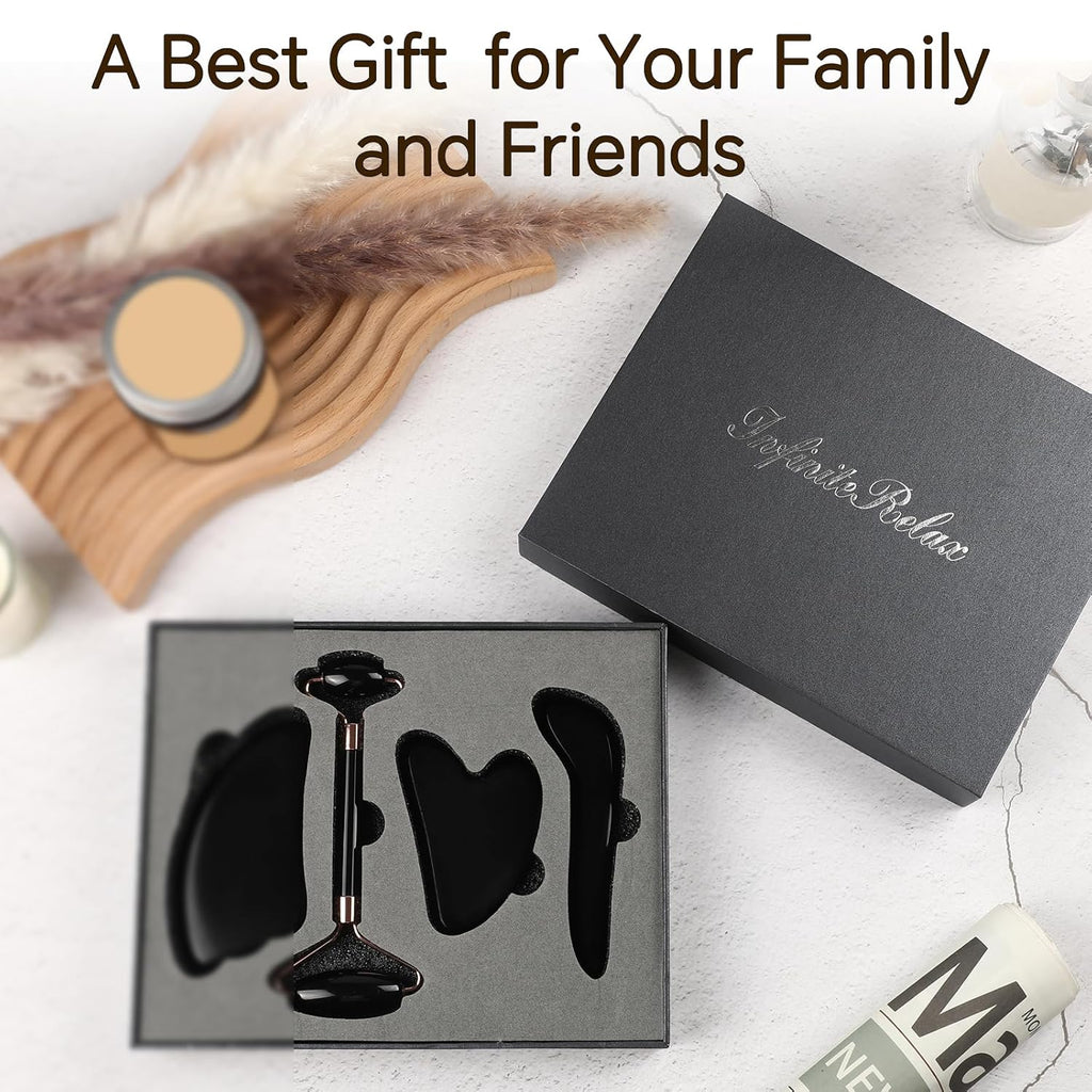 Black Obsidian Gua Sha Facial Tools Set of 4- Natural Jade Gua Sha Face Sculpting Tools Face Roller&Gua Sha Tool for Face, Double Chin Jawline Fascia Cellulite Remover& Point Treatment Christmas Gifts