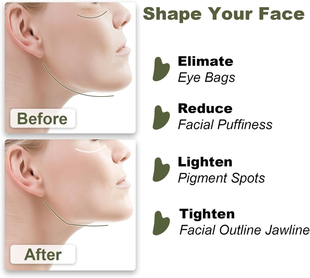 Gua Sha Facial Tools for Skin Care Massage Tools for Self Care Jade Body Guasha Stone Spa Kit Face Sculpting Tool for Beauty Puffiness Reduction Muscle Tension Relief Jawline Sculptor Green