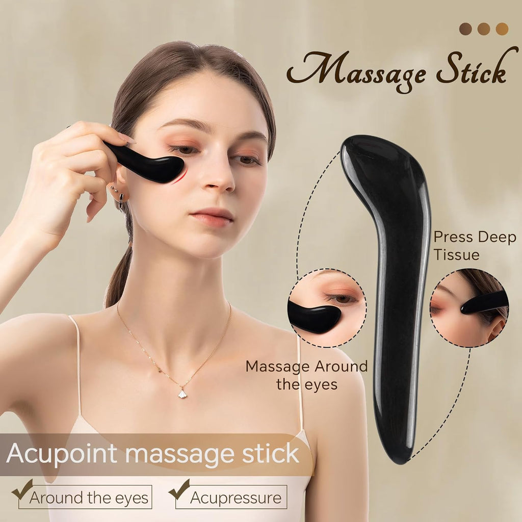 Black Obsidian Gua Sha Facial Tools Set of 4- Natural Jade Gua Sha Face Sculpting Tools Face Roller&Gua Sha Tool for Face, Double Chin Jawline Fascia Cellulite Remover& Point Treatment Christmas Gifts