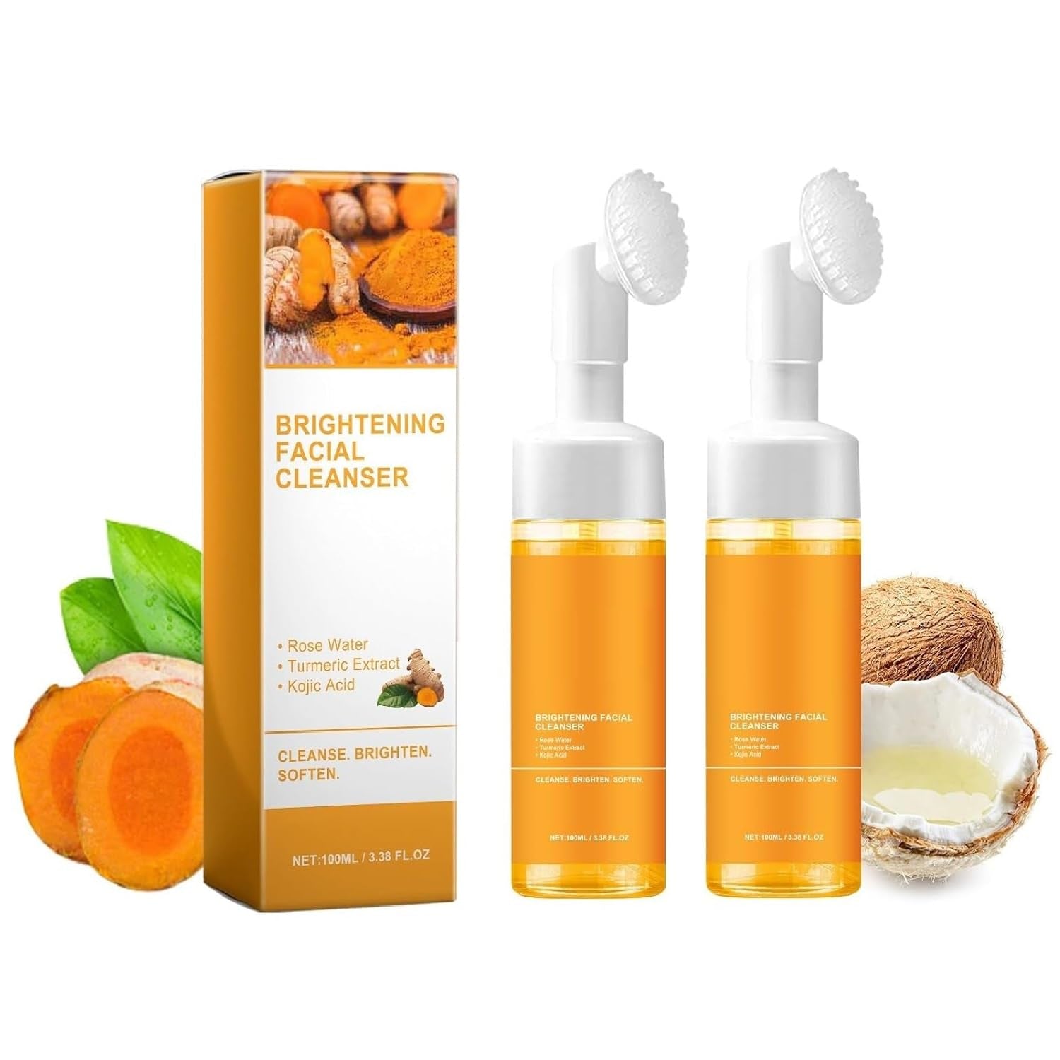 2 Pcs Hoygi Turmeric Kojic Acid Foaming Face Wash, Glow Wash Turmeric Face Wash with Brush Turmeric Foaming Facial Deep Cleansing Scrub Exfoliating.