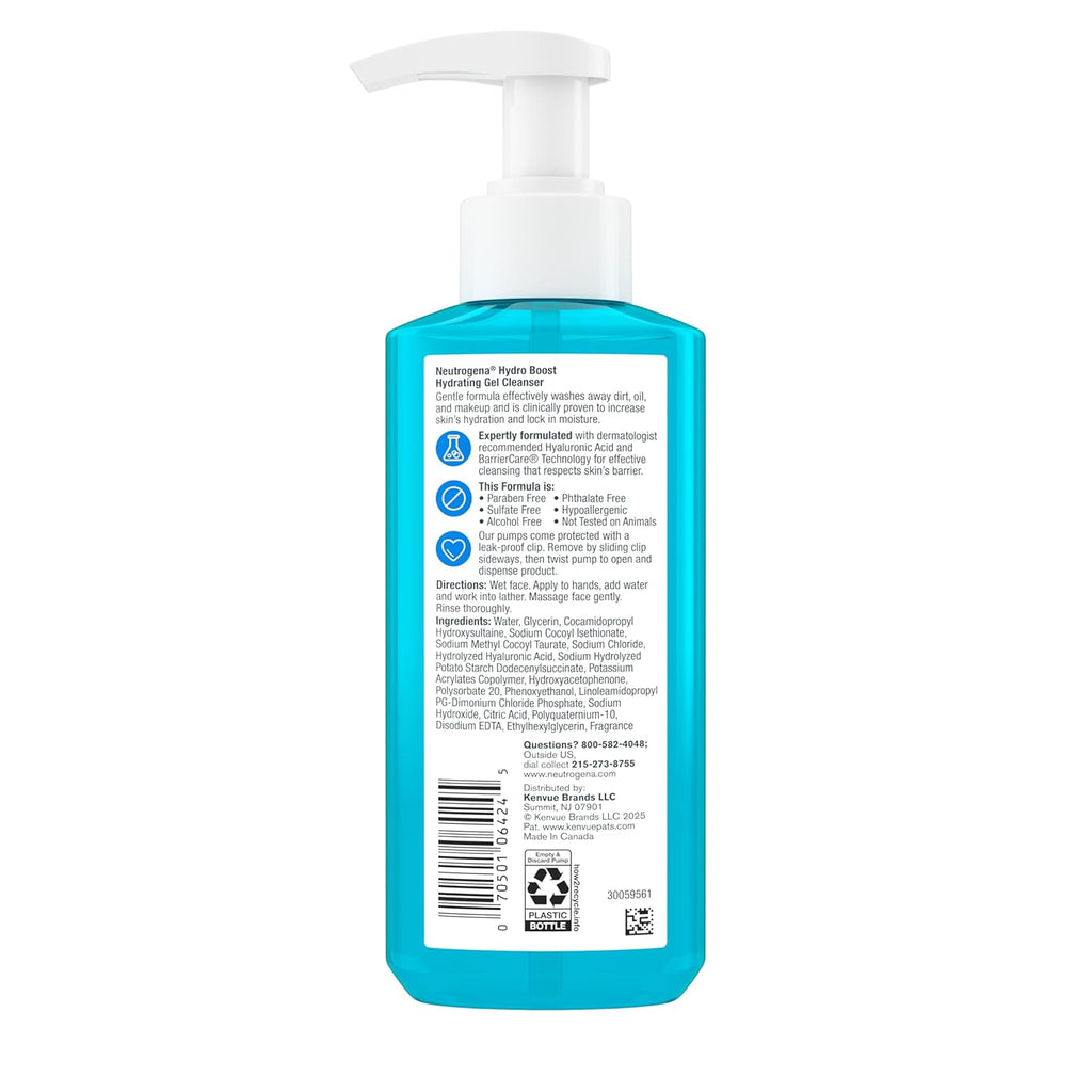 Hydro Boost Facial Cleansing Gel, Hydrating Gentle Face Cleanser and Makeup Remover with Hyaluronic Acid, Hypoallergenic Formula, 7.8 FL OZ