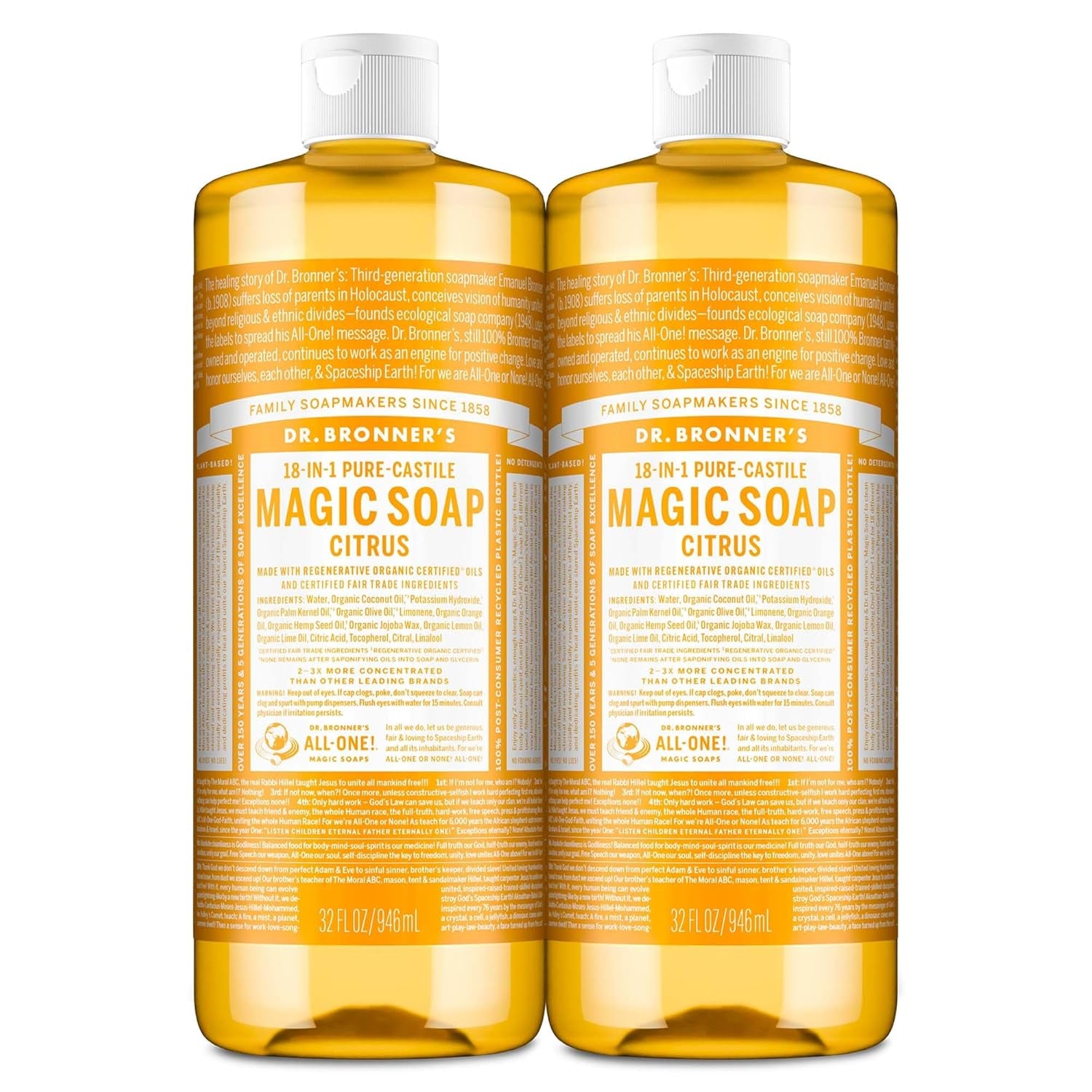 - Pure-Castile Liquid Soap (Citrus, 32 Ounce, 2-Pack) - Made with Organic Oils, 18-In-1 Uses: Face, Body, Hair, Laundry, Pets and Dishes, Concentrated, Vegan, Non-Gmo